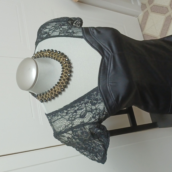 NWOT Black Satin Dress with Lace Sleeves and Back - Picture 3 of 6